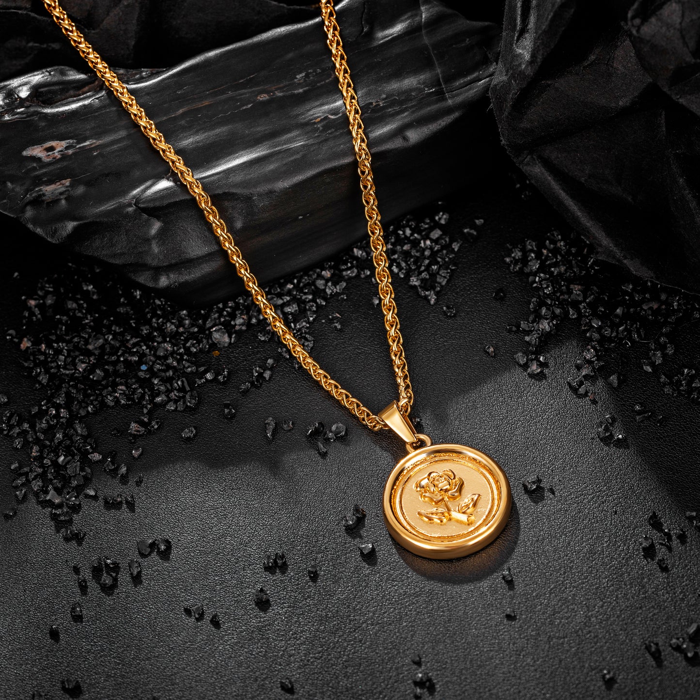 Gold Rose Pendant Necklace Wheat Chain N00860