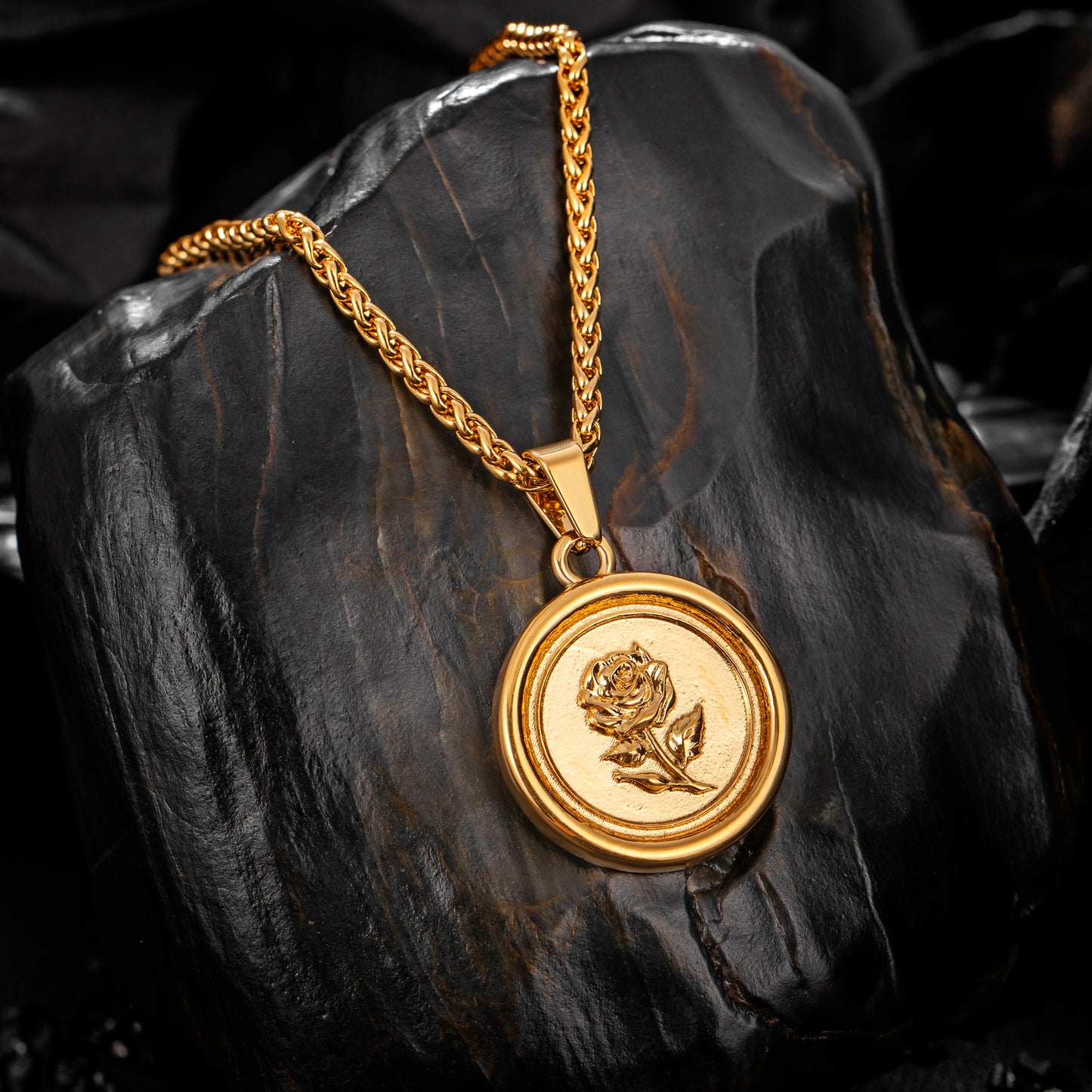 Gold Rose Pendant Necklace Wheat Chain N01544