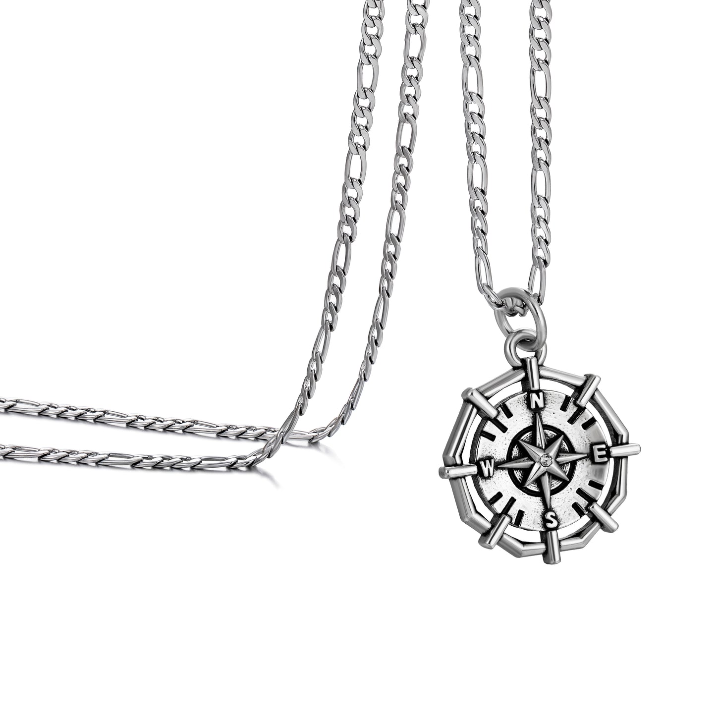 Antique Silver Compass Pendant Necklace Figaro Chain N01883