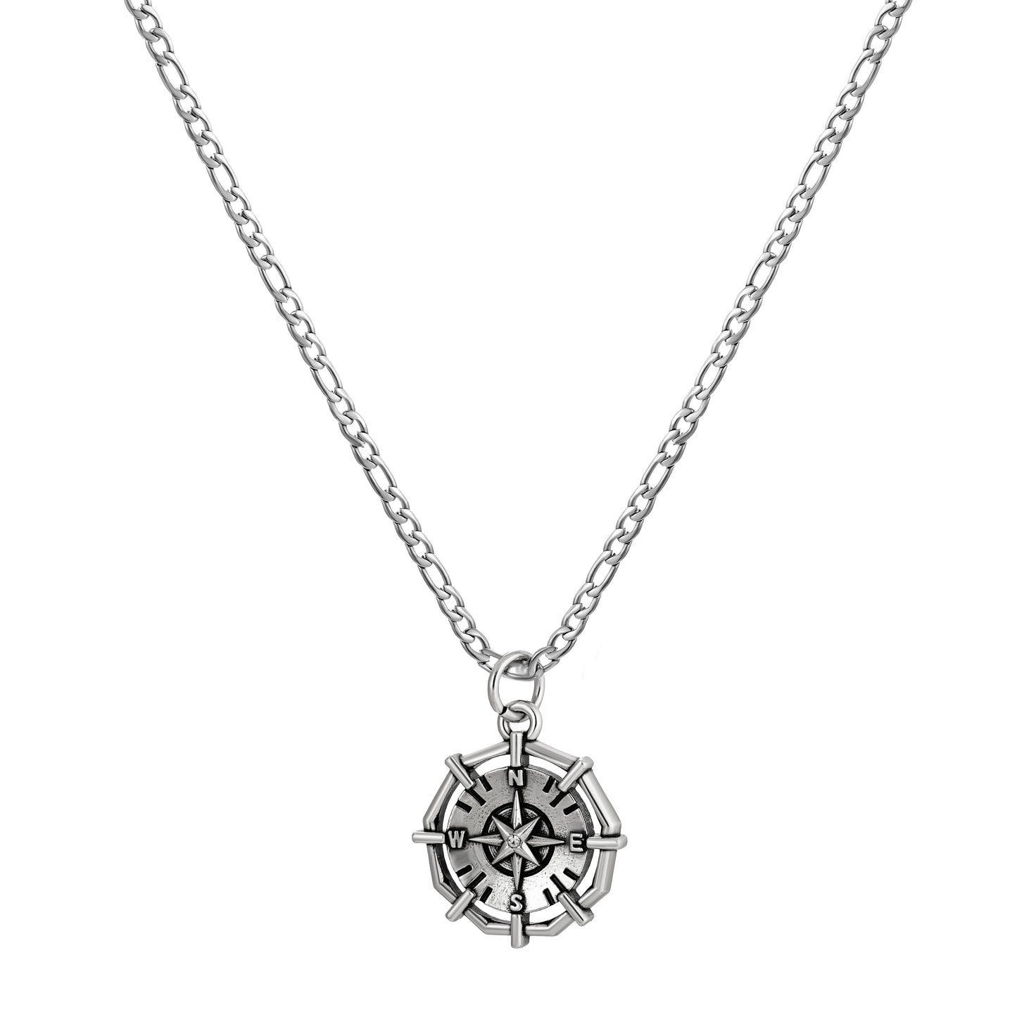 Antique Silver Compass Pendant Necklace Figaro Chain N01883