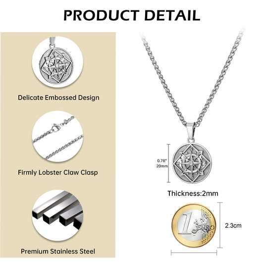 Silver Compass Coin Pendant Necklace Wheat Chain N00379