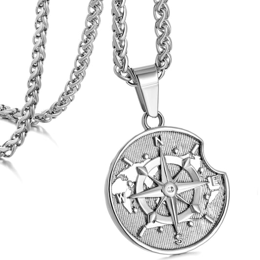 Silver Compass Apple Pendant Necklace Wheat Chain N00387