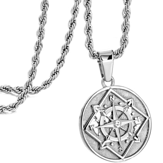 Silver Coin Compass Pendant Necklace Twisted Rope Chain N00378