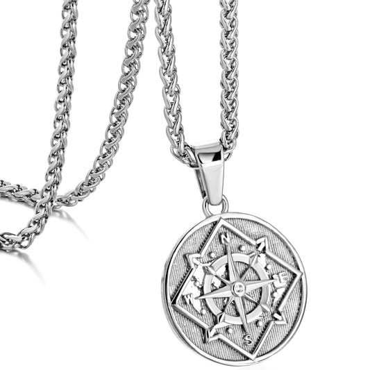 Silver Compass Coin Pendant Necklace Wheat Chain N00379