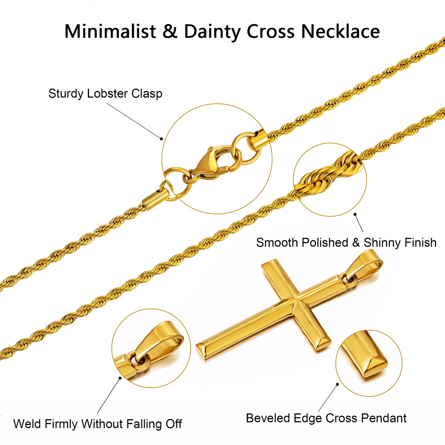 Gold Cross Necklace Twisted Rope Chain N00342