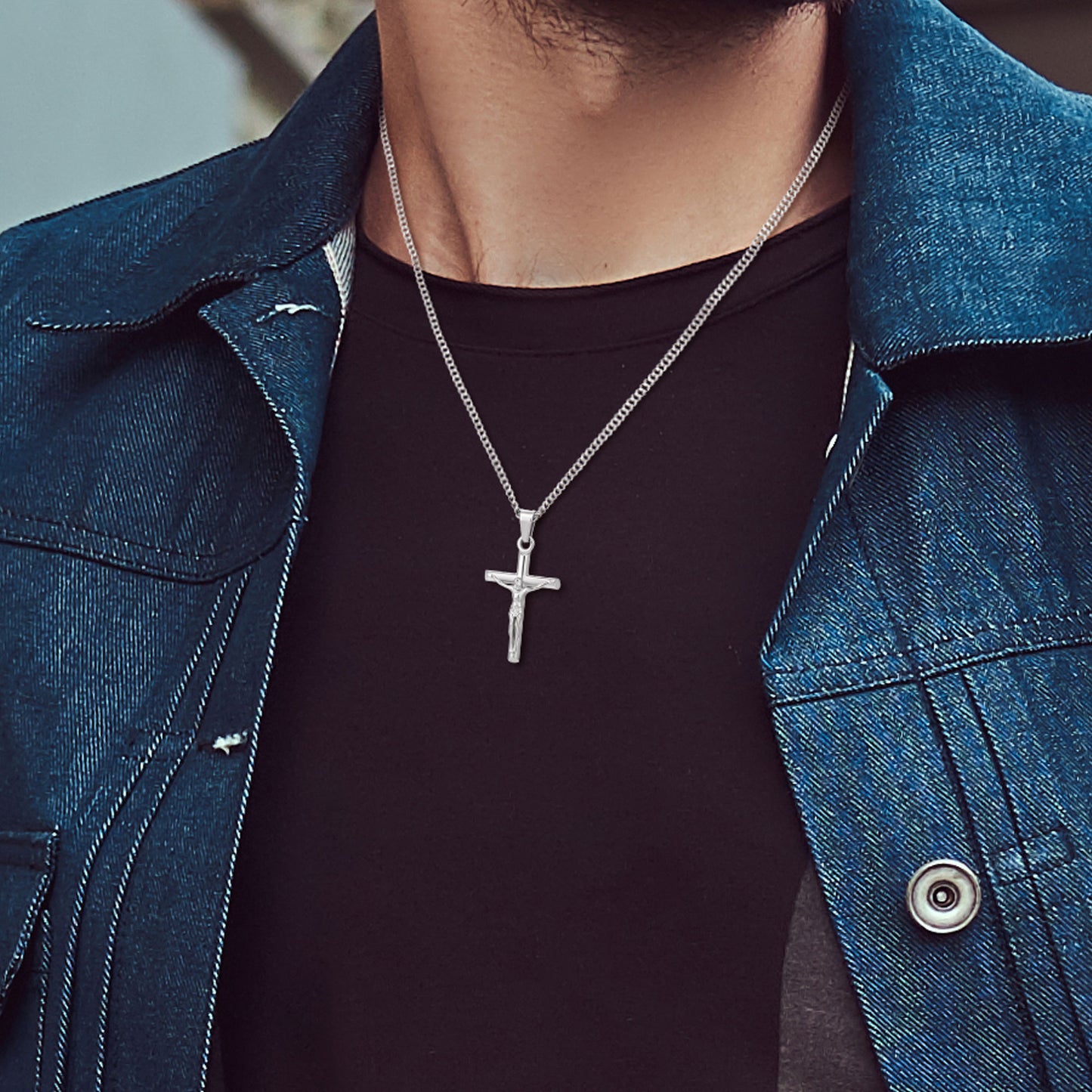 Silver Jesus Cross Necklace Curb Chain N00411