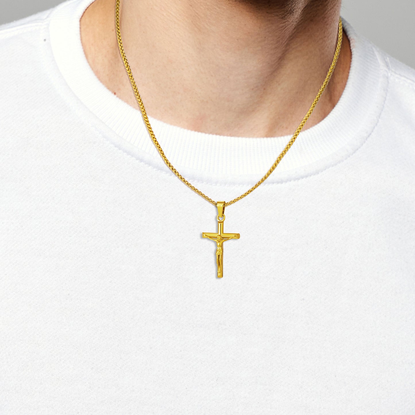 Gold Jesus Cross Necklace Wheat Chain N00424