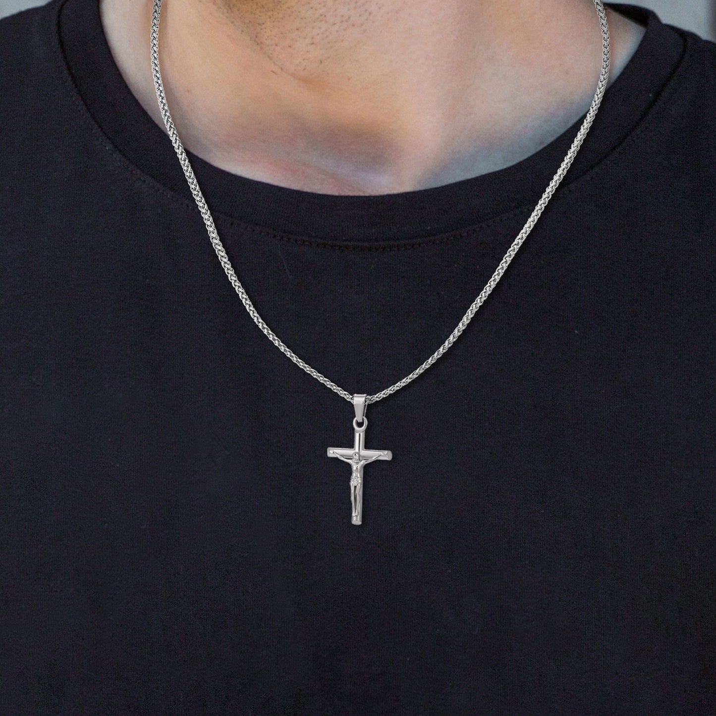 Silver Jesus Cross Necklace Wheat Chain N00418