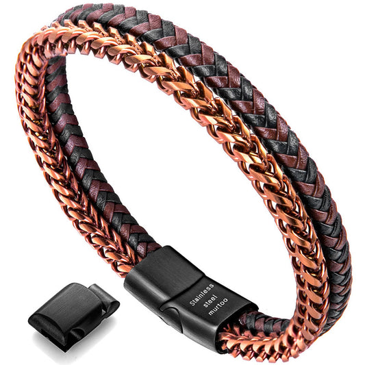 Rose Gold Plated Steel and Leather Bracelet BHR00333